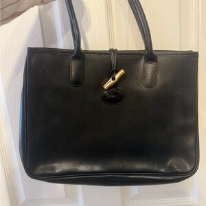 Longchamp Black Leather Tote with Gold Accent